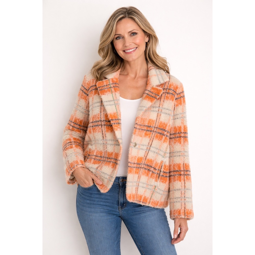 Soft Surroundings Briony‎ Knit Cardigan Jacket Womens XL Orange Plaid Fuzzy